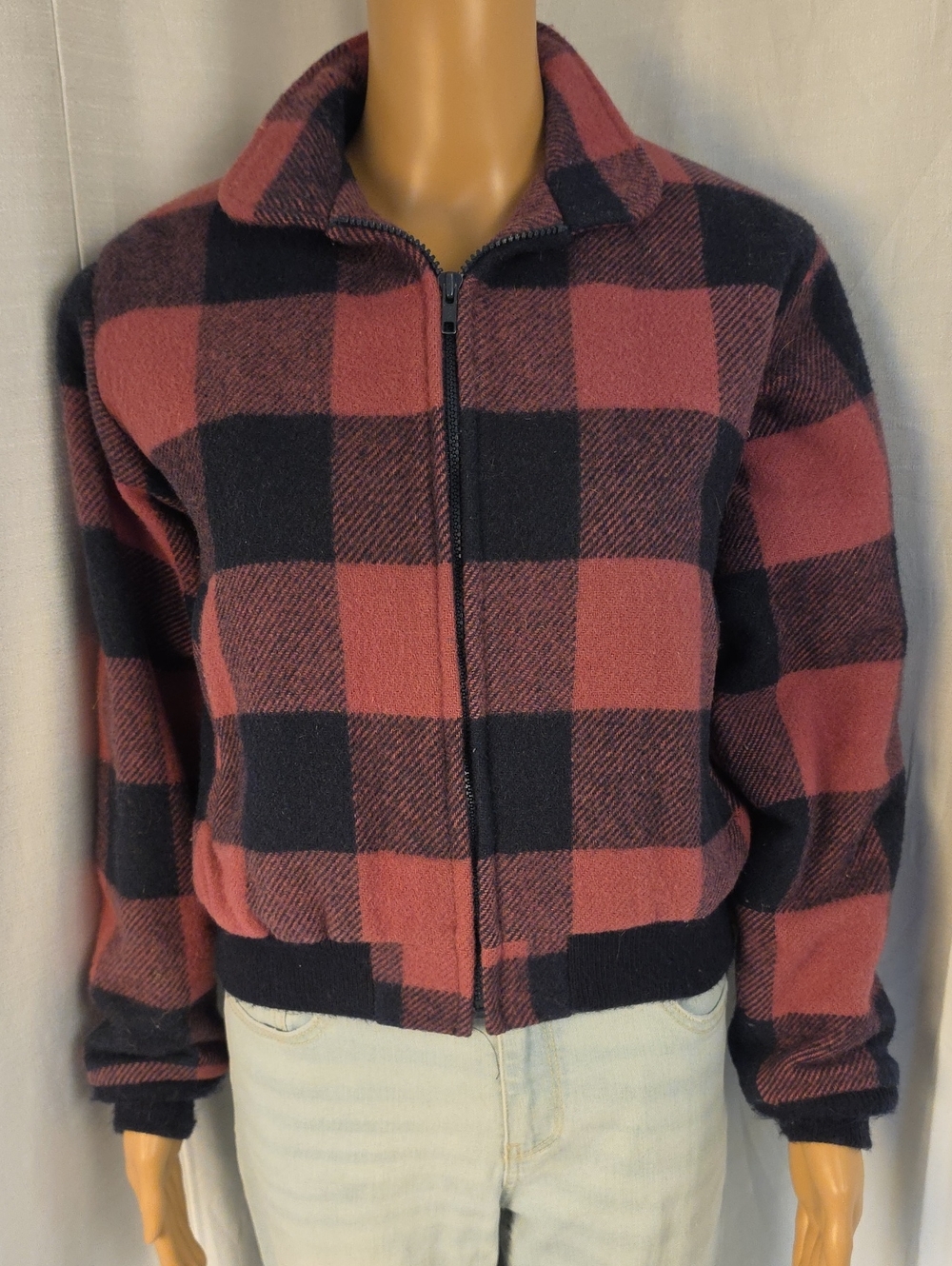 Vintage Woolrich 85% Wool Navy & Pink Plaid Zipper Bomber Jacket Size Large